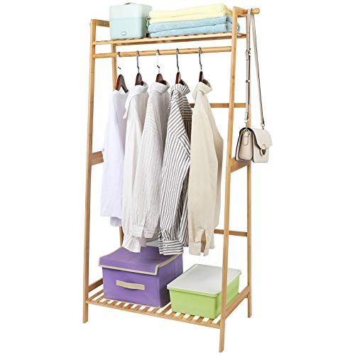 Ufine Bamboo Clothes Hanging Rack with 2 Tier Storage Shelves, 2 Coat Hooks | Portable Laundry Rack Closet Organizer Garment Rack for Bedroom Guest Room - size: 2 Tier
