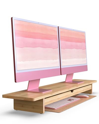 42" Dual Monitor Stand Riser with Large Drawer Keyboard Storage | Double Computer Monitor Riser Shelf for 55-72 Inch Desk Aesthetic Workplace Setup Desktop Organizer Bamboo - color: Natural Bamboo, size: 42" with Larger Drawer