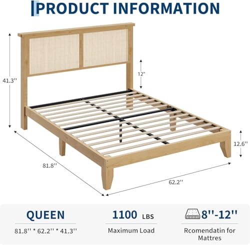 GAOMON Queen Size Wood Bed Frame with LED Light and Rattan Headboard | Solid Wood Leg, Under Bed Storage, Boho Style Platform Bed - size: Queen