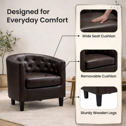 Naomi Home Emma Faux Leather Tufted Barrel Accent Chair - Espresso | Solid wood frame, sturdy legs and easy-clean faux leather create lasting comfort for living room, bedroom or office. - color: Espresso, style: Barrel