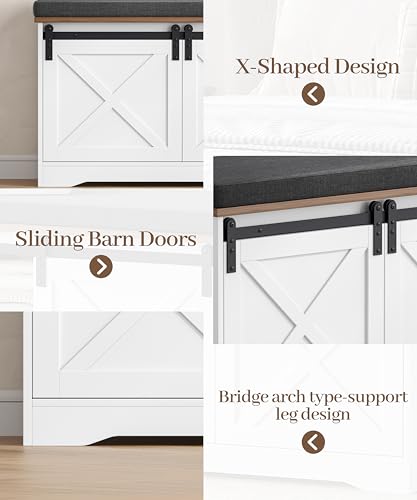 Farmhouse Shoe Storage Bench, Shoe Bench with Slide Barn Doors | 47.2" Entryway Bench with Cushion and Adjustable Shelves, for Bedroom, Closet, Living Room, Hallway, White