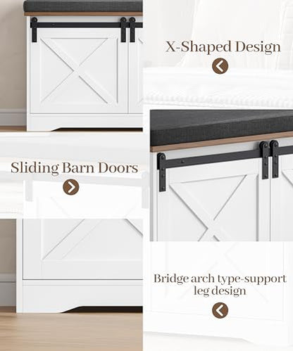 Farmhouse Shoe Storage Bench, Shoe Bench with Slide Barn Doors | 47.2" Entryway Bench with Cushion and Adjustable Shelves, for Bedroom, Closet, Living Room, Hallway, White