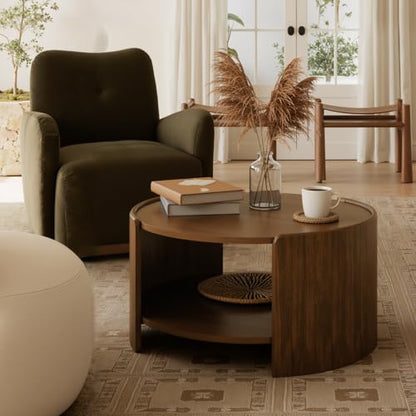 Walnut Round Coffee Table, 2-Tier 31.5" Open Storage Modern Center Table | Mid Century Wooden Circle Coffee Table with Shelf & Curved Wood Legs for Living Room, Home Office, Reception Room, Apartment - color: Walnut