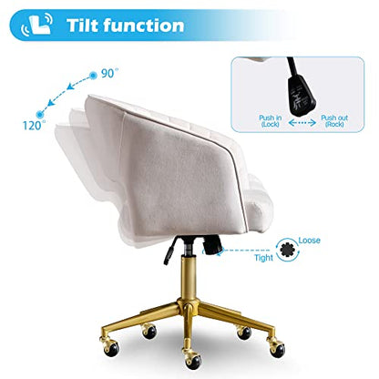Vanity Chair Velvet Desk Chair with Gold Base for Living Room,Cream | Accent Armchair Upholstered Modern Tufted Chairs for Girls Women Ergonomic Study Seat Computer Task Stools for Bedroom - color: Cream