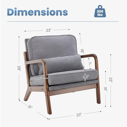 DUMOS Mid Century Modern Accent Chair, 16'' Seat Height Cozy Lounge Chair | Upholstered Armchair with Waist Cushion and Wood Frame for Living Room, Bedroom, Reading Nook, Balcony, Classic Grey - color: Classic Grey, size: 1 Pack