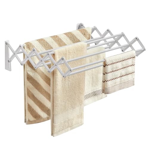 SONGMICS Clothes Drying Rack, Wall-Mounted Drying Rack, | 9 Staggered Hanging Rods, Accordion Laundry Rack, Expandable and Retractable, Pearl Cloud White, BUNJI Collection ULLR806W01 - color: Cloud White, size: 16.5"W