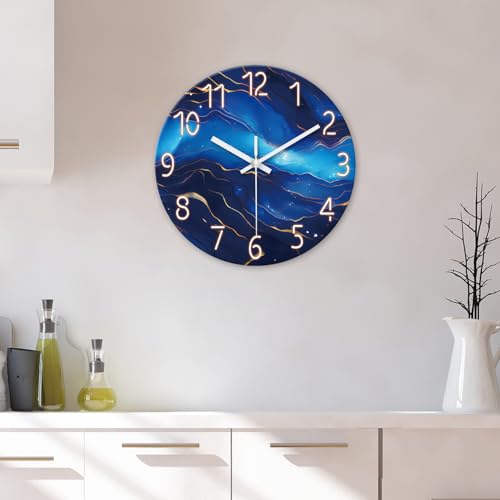Glass Wall Clocks Battery Operated 12 Inch | Blue Marble Wall Clock for Kitchen Bedroom Office Abstract Analog Silent Wall Clock Non Ticking - color: Blue1, size: 12 Inch