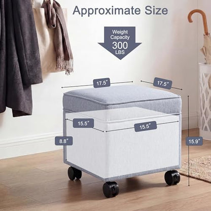 17" Square Storage Ottoman with Wheels, Upholstered Linen Movable Cube Footrest & Extra Seat with Flip Top for Living Room, Bedroom, Blue Grey - color: Blue Grey With Wheels