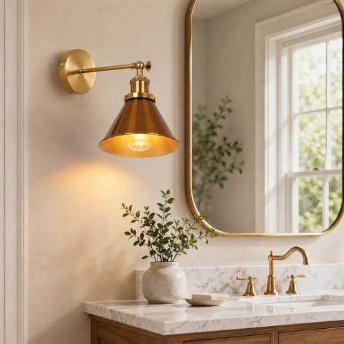 Fandian Brass Gold Classic Industrial Metal Adjustable Arm LED Wall Sconce for Bedside Reading, Farmhouse Swing Arm Wall Lamp with Metal Shade, Hardwired