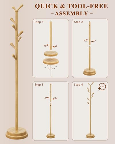 STARSAGA Solid Wood Coat Rack Freestanding Coat Tree with 8 Hooks | Adjustable Height Heavy Duty Coat Rack with Rounded Hooks & Dual-Layer Base, Holds Coats Hats Bags for Entryway, Bedroom - color: Natural