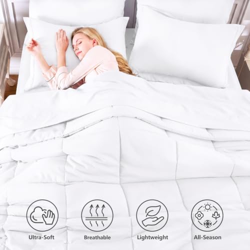 Queen Comforter Set, 7-Piece Bed in a Bag, White | OEKO-TEX Certified, Box-Stitched Design, 240 GSM Down Alternative Fill, All-Season Comfort, Sheets, Pillowcases & Shams - color: White, size: Queen(88"x88")