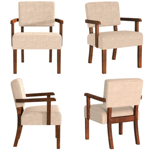 Accent Chairs Set of 2, 2 Solid Wood Armchairs with Side Table | Living Room Chairs with Soft Thicken Cushion, Comfy Reading Chair for Bedroom, Waiting Room, Home Office, Easy Assembly - color: Linen Beige, size: Set of 2 with table