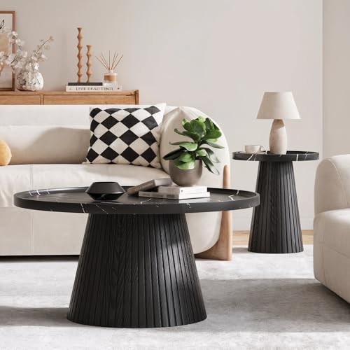 win2win Nesting Coffee Table Set of 2 with Marble Veneer, Black | Modern Round Tea Table and End Table Set, Minimalist Wood Center Tables for Living Room, Office, Fluted Design