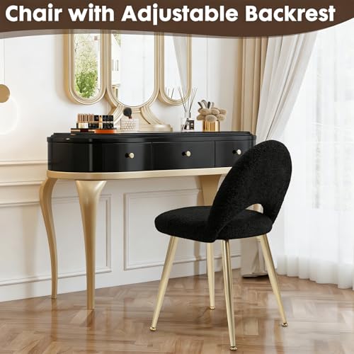 Black and Gold Vanity Chair with Adjustable Back,Sherpa Vanity Stool | Boucle Upholstery Armless Makeup Stool, Gold Metal Legs for Bedroom Living Room Kitchen Dinning Room (Gold and Black) - color: Gold and Black