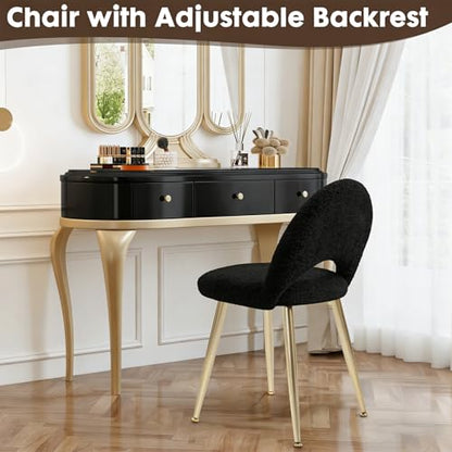 Black and Gold Vanity Chair with Adjustable Back,Sherpa Vanity Stool | Boucle Upholstery Armless Makeup Stool, Gold Metal Legs for Bedroom Living Room Kitchen Dinning Room (Gold and Black) - color: Gold and Black