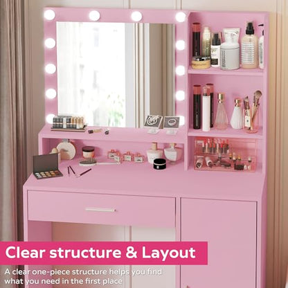 Palimder Vanity Desk with Mirror & Light, Large Drawer Three Level Storage Dresser, 3 Lighting Modes Adjustable Brightness, Bedroom Dressing Table - color: Pink