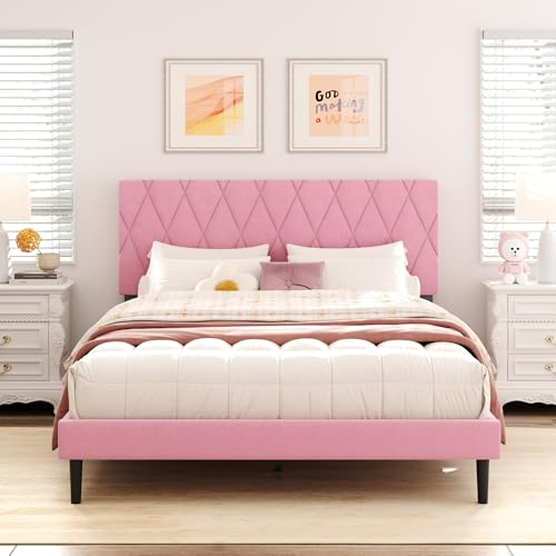 CXVX Queen Size Bed Frame with Diamond Tufted Headboard, Velvet Upholstered Platform Bed and Wooden Slat Support, Noise-Free, No Box Spring Needed, Easy Assembly, Pink - color: Pink, size: Queen