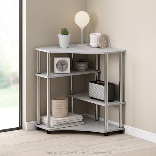 Furinno Turn-N-Tube Storage Shelves, 4-Tier Corner Shelf, Toolless Assembly Display Rack, Corner Bookshelf for Small Space, for Organization and Storage, Living Room, Home Office, White Oak - color: White Oak/Stainless Steel, size: 4-Tier Corner Shelf