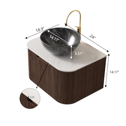 24” Floating Bathroom Vanity with Sink, Fluted Wall-Mounted Solid Wood Cabinet, Black Marble-Patterned Bowl Basin, Faux Marble Top, Soft-Close Drawer, Pre-Assembled, Walnut Woodgrain - color: 05 - Walnut Woodgrain, size: 24"