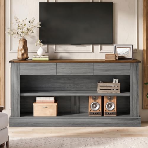 Miereirl 63" Console Table with Drawers & LED Light, Brown & Dark Grey | Narrow Entryway Sofa Table, 3 Storage Drawers & Open Shelves, Behind Couch, Living Room Hallway Foyer - color: Rustic Brown&dark Grey