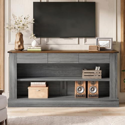 Miereirl 63" Console Table with Drawers & LED Light, Brown & Dark Grey | Narrow Entryway Sofa Table, 3 Storage Drawers & Open Shelves, Behind Couch, Living Room Hallway Foyer - color: Rustic Brown&dark Grey