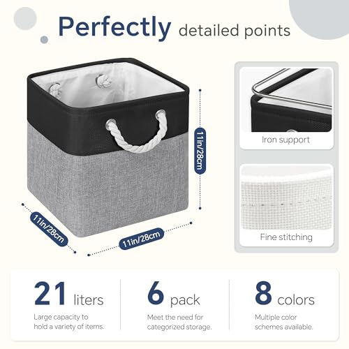 FinishingBo 11 inch Cube Storage Bin with Handles 6 Pack | Foldable Basket, Fabric Storage Bins, Closet Storage, Home Organizer (Black/ Gray) - color: Black/Grey-6 Pack