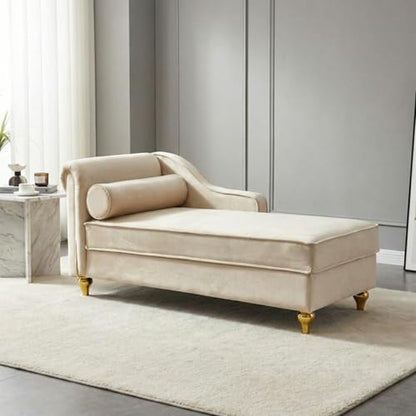 60.6" Modern Storage Chaise Lounge Indoor,Velvet Upholstery Sofa Chair with1 Toss Pillows,Upholstery Lounge Sofa with Gold Metal Legs for Small Apartment,Living Room,Office,Reception Area,Beige - color: Beige