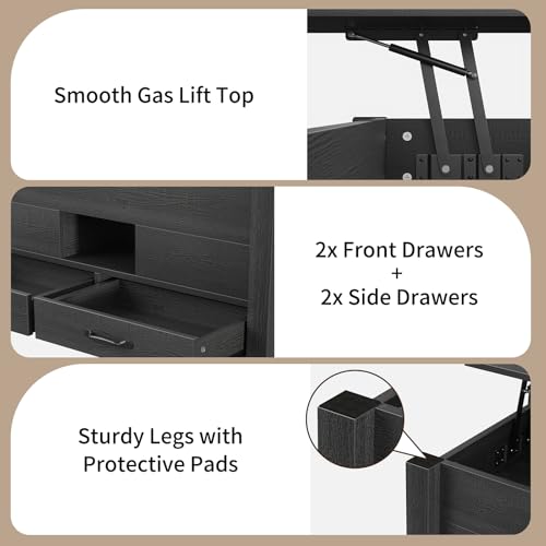 39.4" Lift Top Coffee Table 180° Flip Convertible Center with 4 Drawers Hidden Storage Silent Gas Multi-Function Rising Workstation for Living Room Apartment Home Office Black