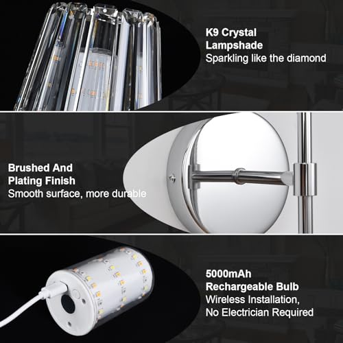 Battery Operated Crystal Wall Sconce Set of 2, Chrome Rechargeable Wireless Wall Sconces with Remote Dimmable 12 Colors Modes Led Wall Lights for Bedroom Living Room Hallway, 2 Bulbs Included - color: Chrome