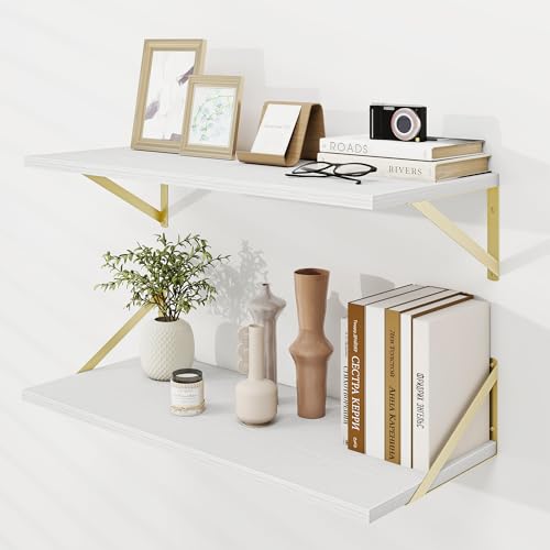 Dreamland Wall Mounted Floating Shelves Set of 2, 30x12, White&Gold | Engineered Wood, Visible Bracket, Large Storage, Hold Up to 55lbs, Living Room, Bathroom, Bedroom, Kitchen - color: White&gold, size: 30"W x 12"D