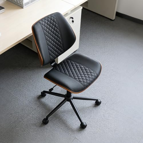 Modern Walnut Home Office Chair, Executive Desk Chair No Arms Black | with Wheels, Adjustable Height, Comfy PU, Deeper Cushion, Mid Back, 360 Swivel Computer Chair - color: Black