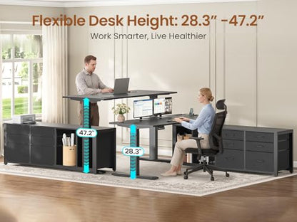 SEDETA L Shaped Electric Standing Desk with 6 Fabric Drawers, 55" x 55" Height Adjustable Office Executive Desk with Storage Shelves, Stand up Computer Desk with Power Outlet (Black) - color: Black