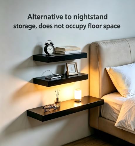 Vervida® Black Floating Wall Shelves Mixed 15+24in Set of 3 Combo Hidden | 3 Black Floating Shelves Mixed 2 x 15In & 1 x 24 Inches for Bedroom, Bathroom Kitchen, Invisible Brackets Easy Install - color: Black, size: Multi-Size Set
