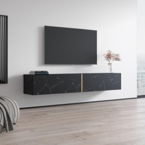 Meble Furniture Marmur Floating TV Stand with Storage Cabinets — Modern Wall-Mounted Media Console — Fits TVs up to 80", 59.1" W x 15.7" D x 15.7" H — Black