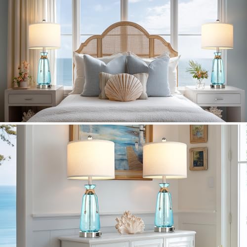 Rinweey 26" Coastal Lamps for Living Room Set of 2,3-Way Dimmable Bedside Lamps with USB Ports and AC Outlet, Nautical Lamps for Nightstand Bedroom Living Room,Teal - color: Coastal