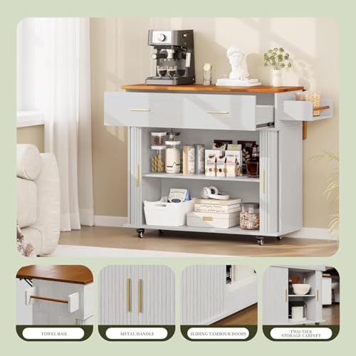 DHH Rolling Kitchen Island with Drop Leaf Countertop&Ample Storage - 39.4" Small Mobile Kitchen Cart On Wheels with Sliding Door,Drawers,Spice Rack & 2-Tier Storage(Grayish White) - color: Grayish White