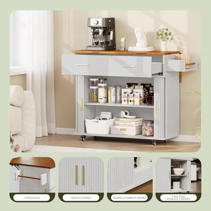 DHH Rolling Kitchen Island with Drop Leaf Countertop&Ample Storage - 39.4" Small Mobile Kitchen Cart On Wheels with Sliding Door,Drawers,Spice Rack & 2-Tier Storage(Grayish White) - color: Grayish White