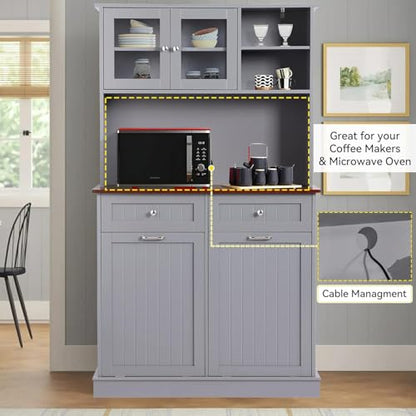 68.4" Kitchen Pantry Storage Cabinet, Freestanding Cupboard with Shelf, 2 Drawers and 2 Tilt Out Trash Cabinet, Tall Cabinets for Kitchen, Dinning Room, Living Room (Elegant Grey, Double Tilt) - color: Elegant Grey