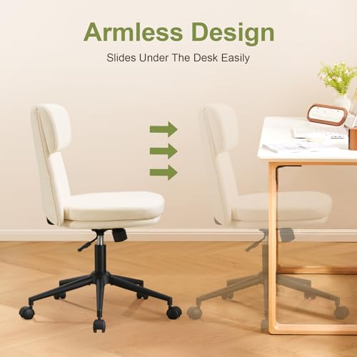 Armless Office Chair with Wheels, Luxury Chenille Swivel Desk Chair with Ergonomic Curved Full Back, Double-Layer Seat, Adjustable Modern Vanity Chair for Makeup, Home Office, Cream White - color: Cream White, size: Full Back