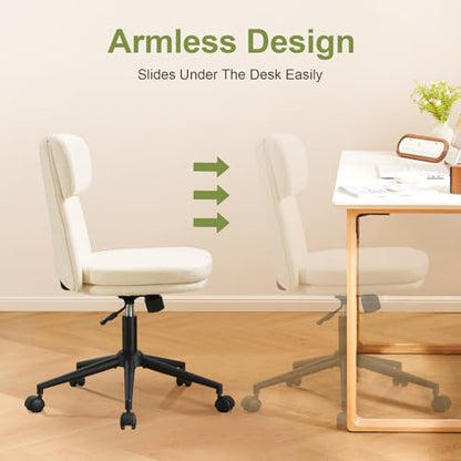 Armless Office Chair with Wheels, Luxury Chenille Swivel Desk Chair with Ergonomic Curved Full Back, Double-Layer Seat, Adjustable Modern Vanity Chair for Makeup, Home Office, Cream White - color: Cream White, size: Full Back