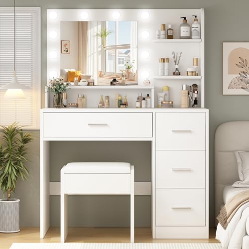 OTOQS Makeup Vanity Desk with Mirror and Light,Dressing Table Set | With 3 Color Modes LED Lights,Large and Three Level Storage Dresser,for Bedroom Dressing Room,White - size: 37.1 inches x 15.7 inches x 55.1 inches