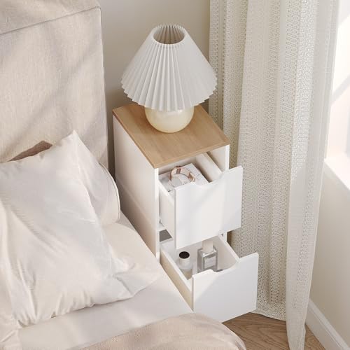 MAHANCRIS Narrow Nightstand with 2 Drawers, Skinny End Table, Modern Wooded Bedside Table, Slim Side Table for Small Spaces, White Night Stand for Bedroom, Solid Wood Feet, Natural ETNW3601