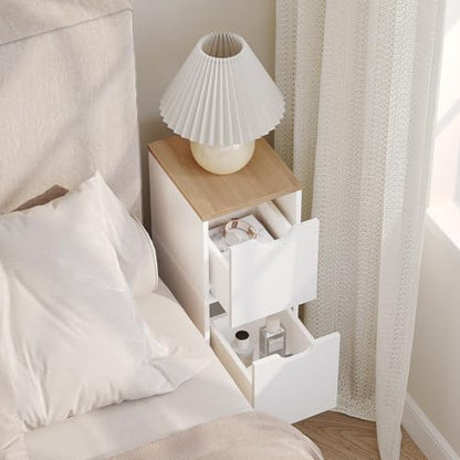 MAHANCRIS Narrow Nightstand with 2 Drawers, Skinny End Table, Modern Wooded Bedside Table, Slim Side Table for Small Spaces, White Night Stand for Bedroom, Solid Wood Feet, Natural ETNW3601