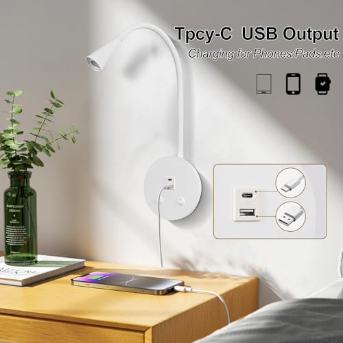 Dimmable LED Wall Reading Lamp - Adjustable Gooseneck Book Light for Bed, USB + Type C Output, 2-in-1 Night Light & Spotlight, Compact Focused Lamp (White) - color: White
