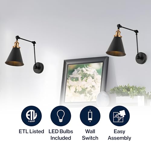 JONATHAN Y Rover 1-Light Wall Sconce 7", Black/Brass Gold, Set of 2 | Adjustable Arm, Hardwired Bedside Reading Swing Arm, Farmhouse Cone Shade, Metal Hardwired Indoor Fixture, LED Bulbs Included - color: Black/Brass Gold, size: Set of 2