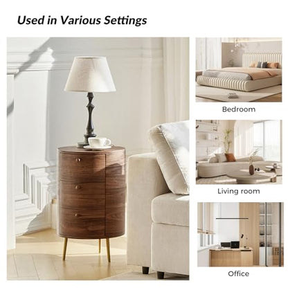 HULALA HOME Round End Table with 3 Storage Drawers, Mid Century Modern Sofa Side Table with Metal Legs, Farmhouse Wood Small Side Table for Living Room, Bedroom and Small Spaces, Walnut - color: Walnut