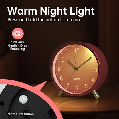 JALL Analog Alarm Clock, 4 inch Super Silent Non Ticking Small Clock with Night Light, Battery Operated, Simple Design, Easy Setting for Office, Bedroom, Bedside, Desk, Teens, Elders, Adult, Red - color: Red+gold