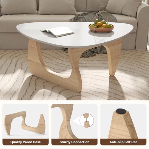 Modern Wood Coffee Table, Triangle Center Table with Premium Wooden Top& Unique Base, 35.5” Small Mid Century Tea Tables for Living Room, Apartment, Office,White&Light Natural Wood - color: White&light Natural Wood, size: Medium 35.5*25.5*15.7in