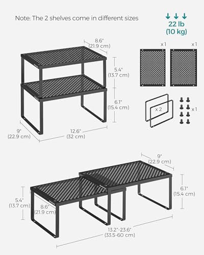 SONGMICS Spice Racks, Set of 2 Metal Cabinet Shelf Organizers, Countertop Organizers, Shelf Risers, Stackable, Expandable, Ink Black UKCS001B01 - color: Ink Black, size: 2 Tiers (9"D x 12.6"W)