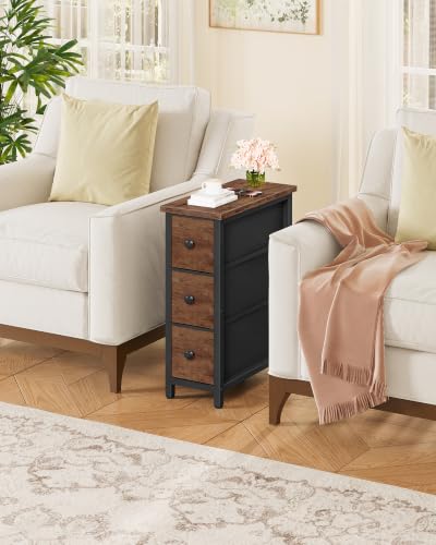 Narrow Side Table with 3 Fabric Drawers, Industrial Slim Bedside Table for Small Spaces, Bedroom, Living Room, Dormitory, Rustic Brown and Black TBZ09BF - color: Rustic Brown + Black